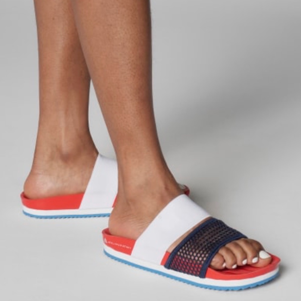 Women’s White & Navy Slide Sandals with Red Accent